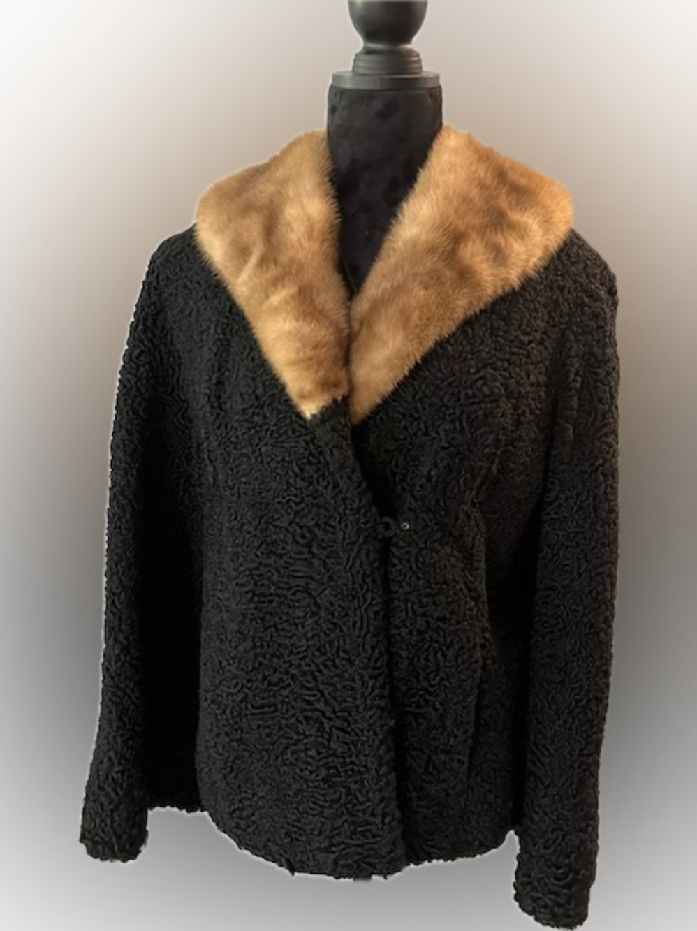 Vintage J. TISHLER FURS Black Curly Lamb with Brn Mink Fur Collar Coat